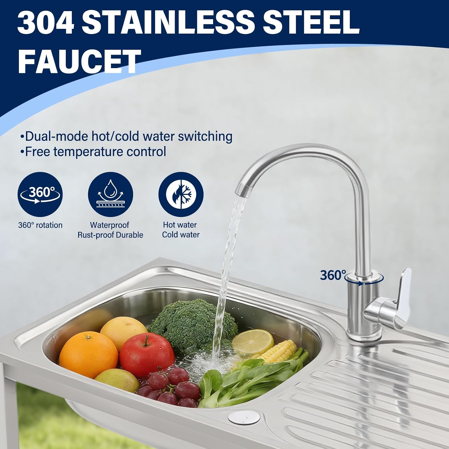 Versatile Outdoor Sink with Hose Hook Up – Heavy-Duty Stainless Steel Sink with Hose Hook Up, Large Basin, Storage Shelf & Quick Drain, Perfect for Gardens, Food Trucks, Restaurants