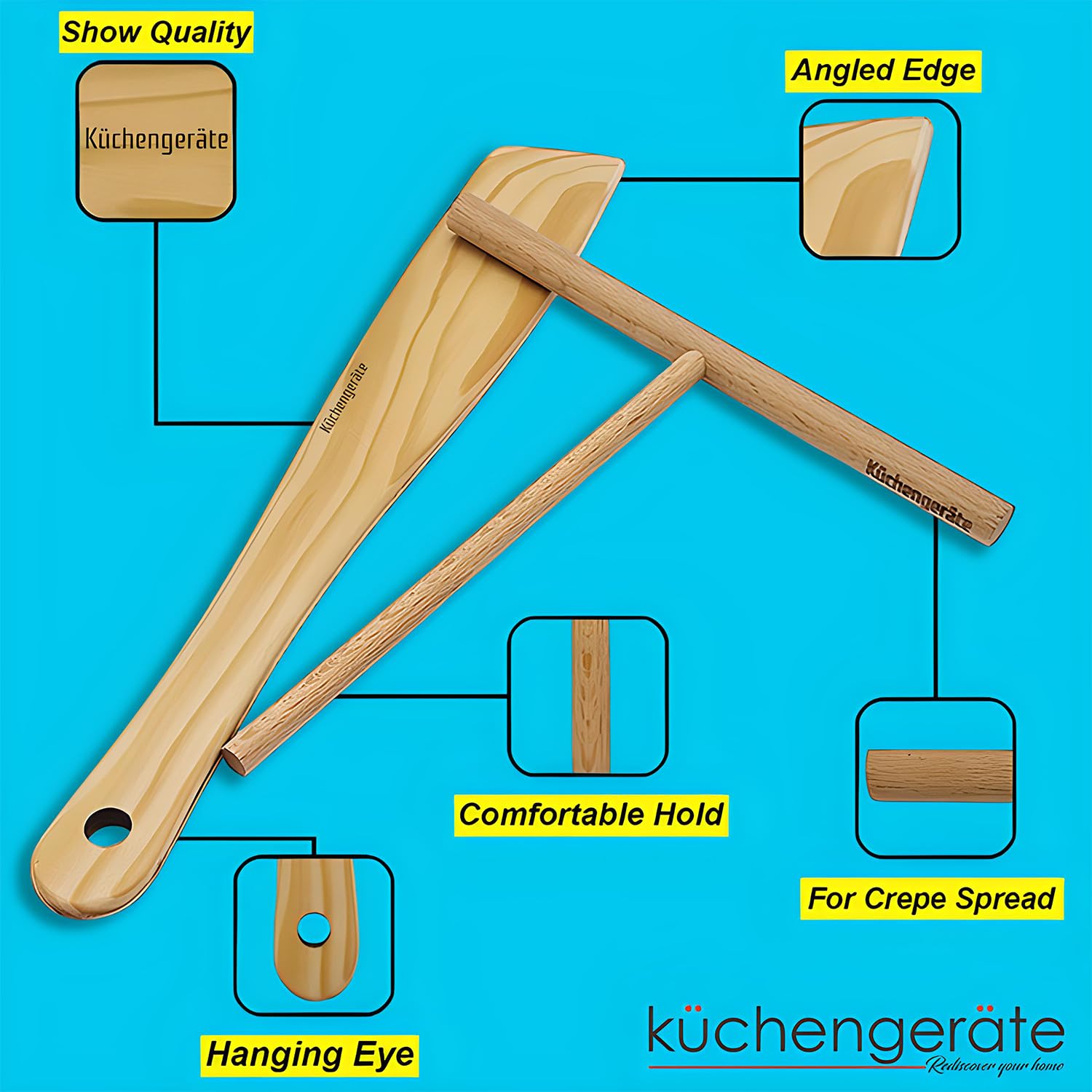 Kuchengerate - Juego de 4 esparcidores de crepé y espátula, 12 pulgadas, espátula de crepé de 3.5, 5, 7 pulgadas, kit de esparcidores de cenizas naturales, para crepería, para adaptarse a sartenes de 2