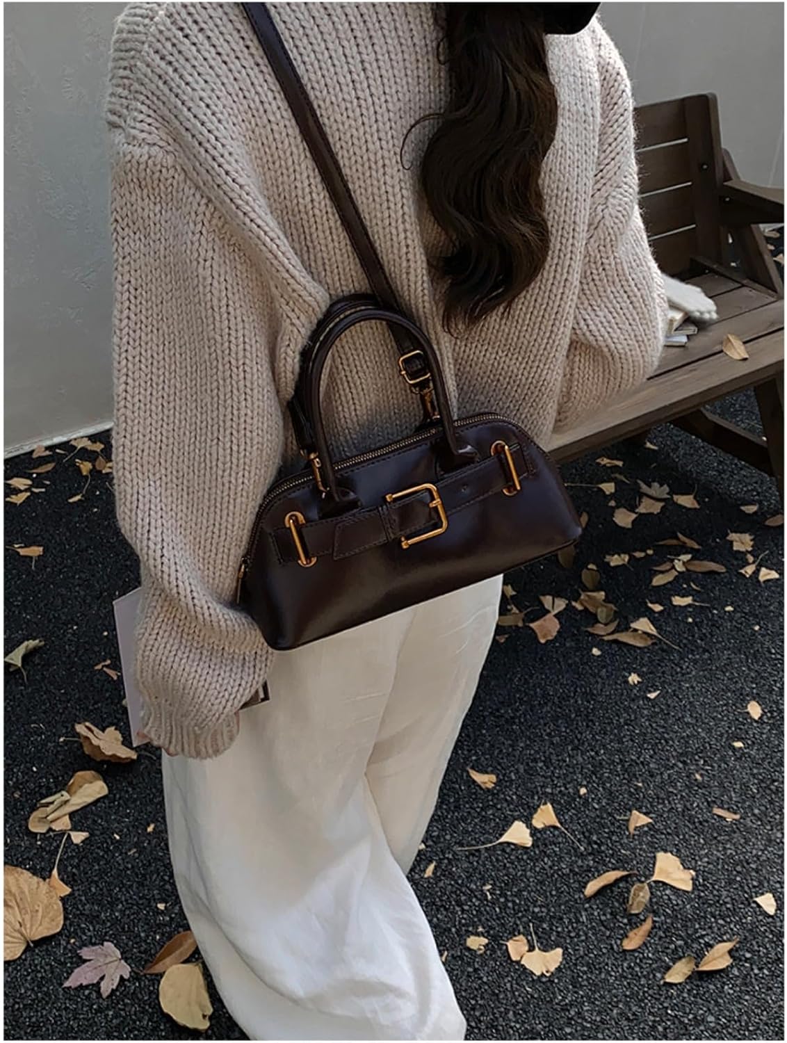 Women Suede Tote Bag Shell Leather Crossbody Shoulder Bag Minimalist Korean Style with Belt Buckle Design - Image 7