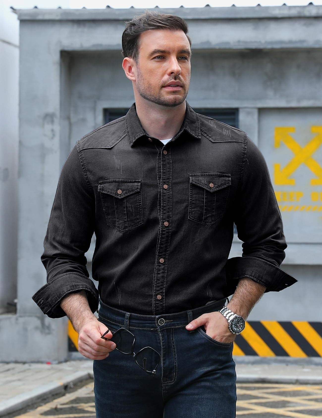Camicia jeans uomo vestibilità classica maniche lunghe bottoni per lavoro