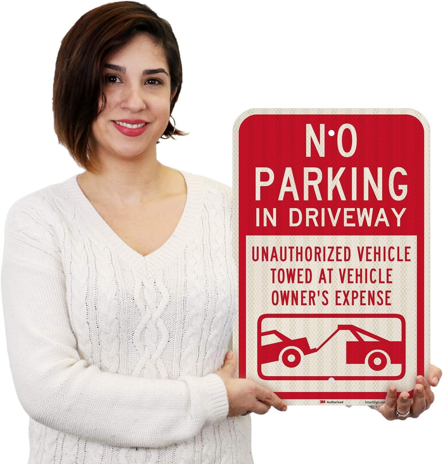 SmartSign 3M High Intensity Grade Reflective Sign, Legend "No Parking In Driveway Vehicles Towed" with Graphic, 18" high x 12" wide, Red on White