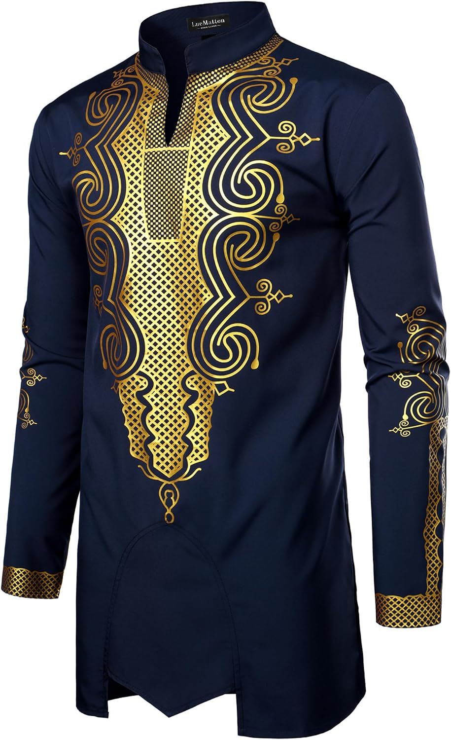 LucMatton Men's Traditional African Dashiki Long Sleeve Slim Fit Tunic Shirt with Metallic Foil Stamping Mandarin Collar