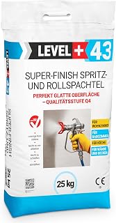 LEVEL+ 43 Spachtelmasse Weiß Innen – Gebrauchsfertige Profi Spritz- & Rollspachtel Q4 für Wand & Decke, Polymer-Finish, Airless geeignet, Leicht Schleifbar - 25 kg