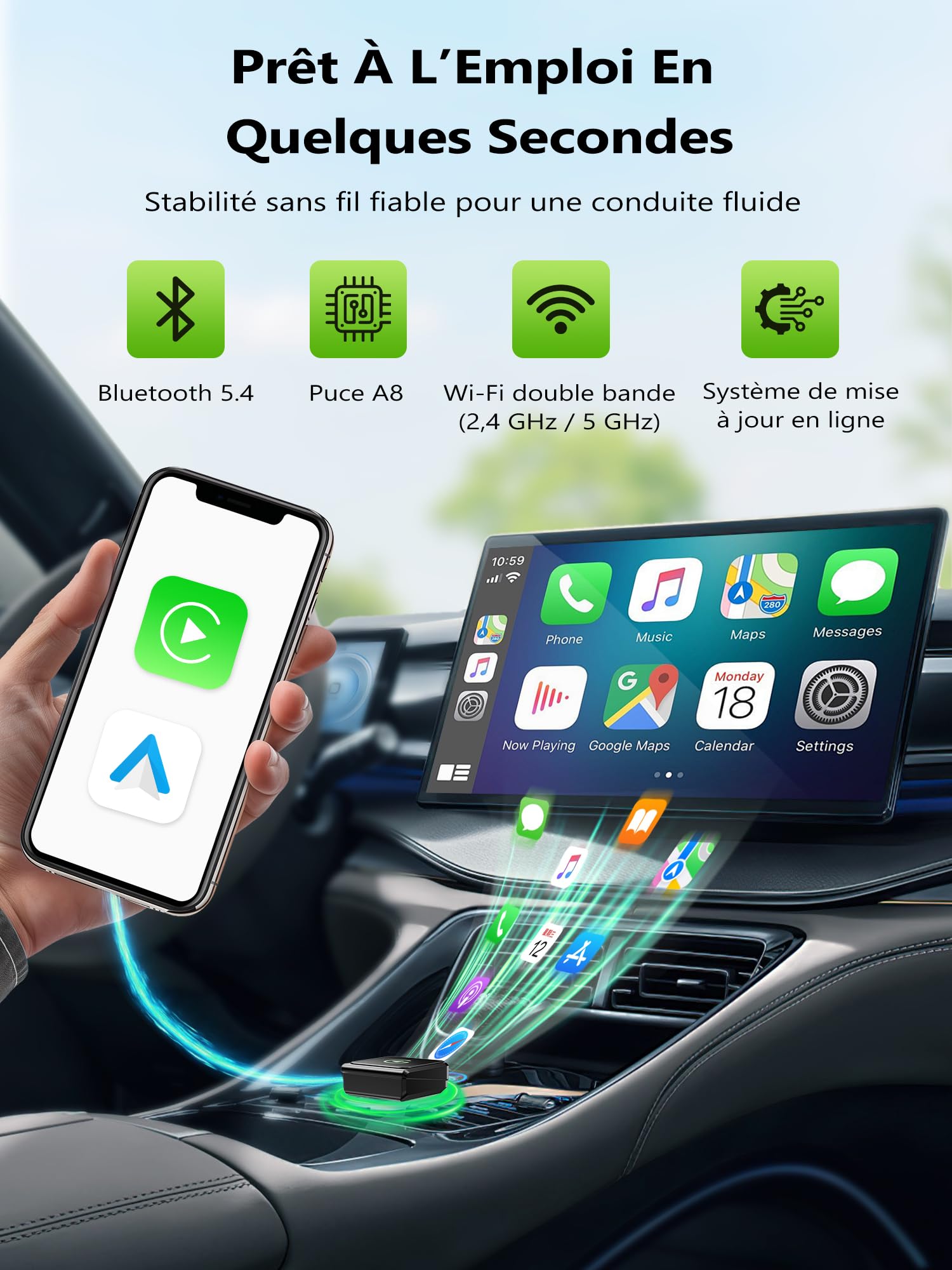 Adaptateur CarPlay sans Fil USB:Cle Carplay sans Fil–Mini Et Stable, Adaptateur Car Play & Android Auto Compatible avec iPhone iOS 10+ Et Smartphones Android, Voitures Équipées D’Origine, Plug & Play