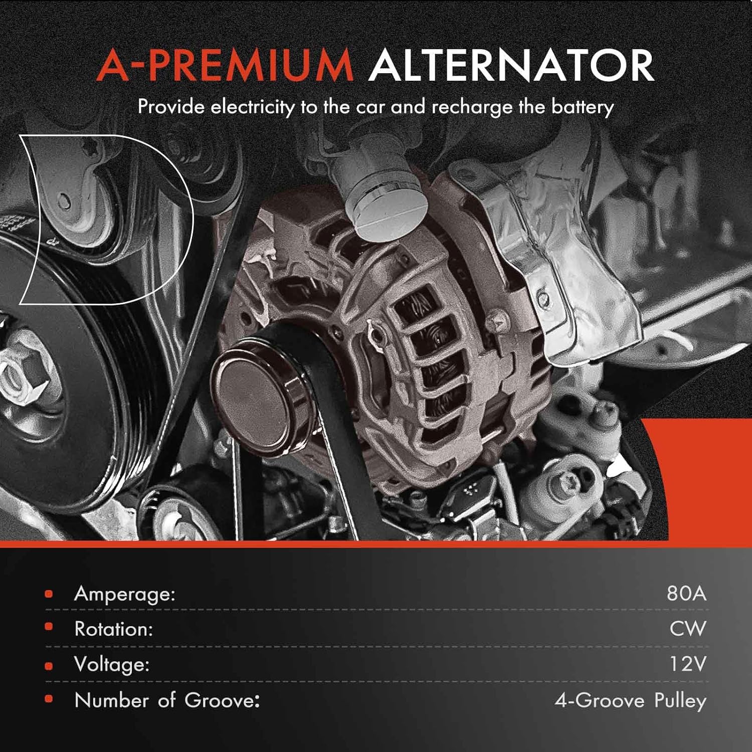 A-Premium Alternator Compatible with Nissan 240SX 1989-1994, 12V 80A 4-Groove Pulley Clockwise, Replace# 2310030R00, 2310030R00R