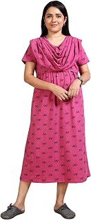 Women's Coral Red Cotton Maternity Dress with Heart Print Pattern Short Sleeve Draped Dupatta Style Price In India