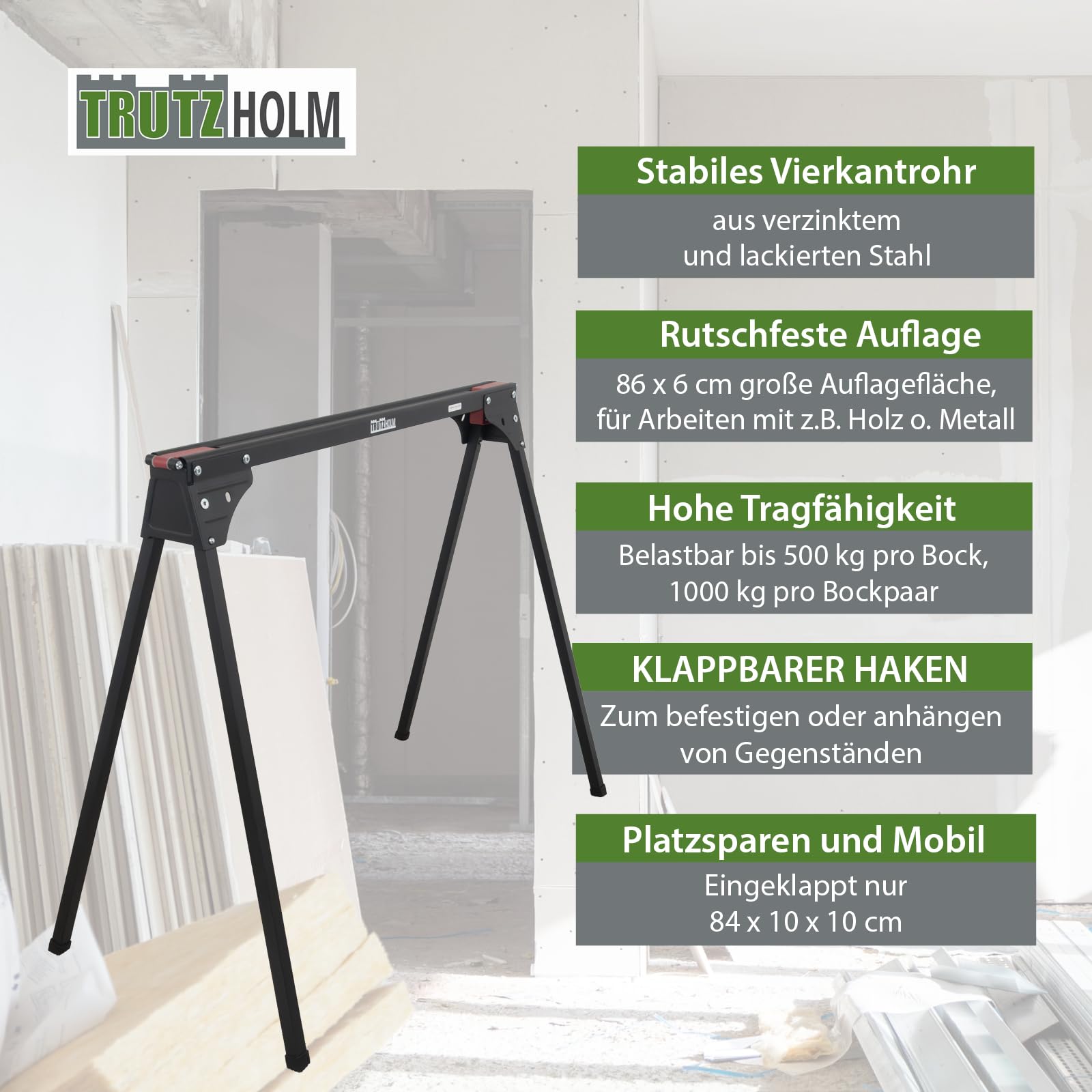 TRUTZHOLM 2 x Arbeitsbock klappbar bis 1000 kg Tragkraft 76 cm Arbeitshöhe Stahl pulverbeschichtet Gerüstbock Unterstellbock (Schwarz/Rot)