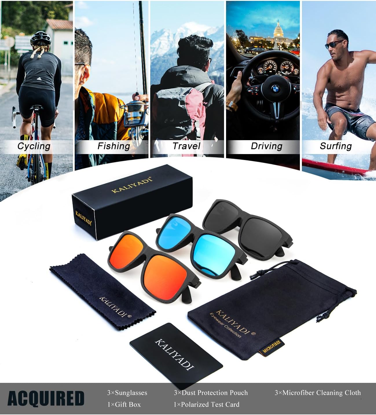 KALIYADI Sunglasses Men Polarized Sun glasses for Mens Womens Classic Matte Black Frame UV Protection 3pack - Image 7