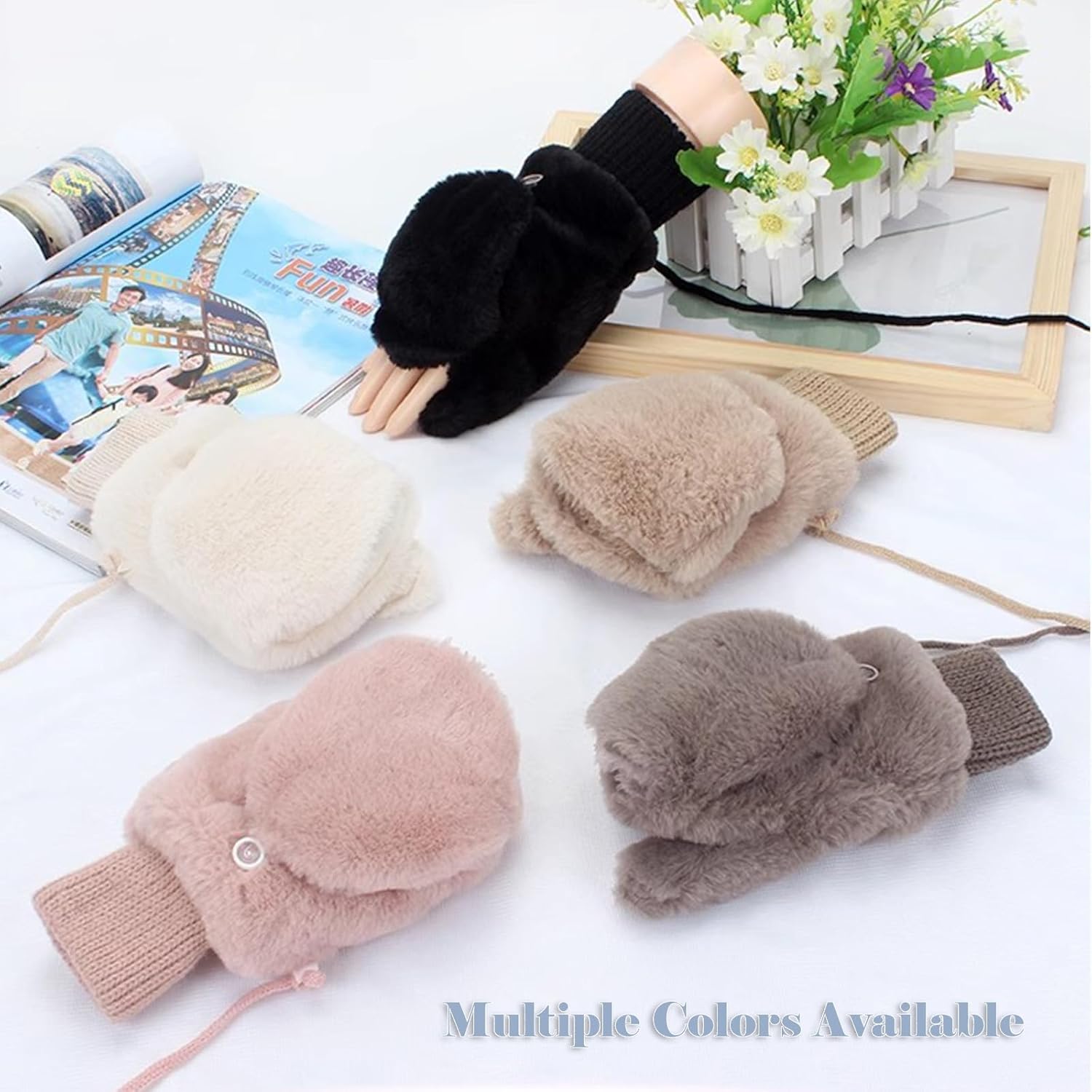 Winter Faux Fur Convertible Mittens for Women Girls Thermal Warm Half Finger Fingerless Gloves - Image 7
