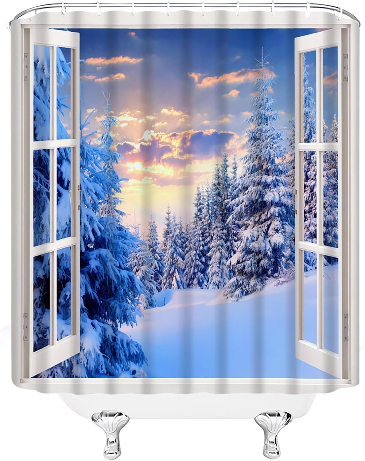 Winter Forest Shower Curtain Window Wonderland Snowy Scenery Pine Trees Nature Christmas 70" Wx84 H Fabric Bathroom Decor Curtain with Hooks