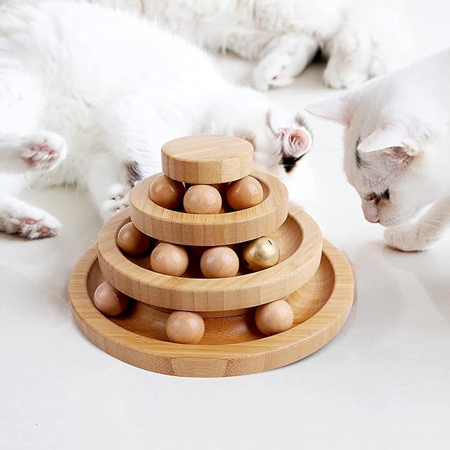 Gelrova Pet Interactive Fun Roller Exerciser 3 Level Tower of Tracks Cat Teaser Ball ToyTwo-ply rotatable Smart Track Ball rocking roll Gifts (3-layer-bamboo)