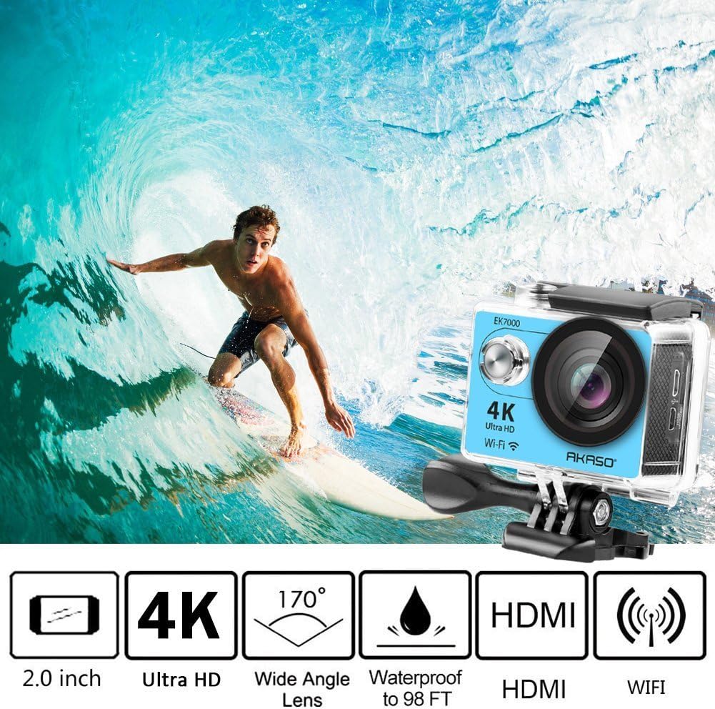 AKASO 4K Wi-Fi Sports Action Camera Ultra HD Waterproof DV Camcorder 12MP 170 Degree Wide Angle LCD Screen/Remote, Royal Blue (EK7000BL) : Electronics