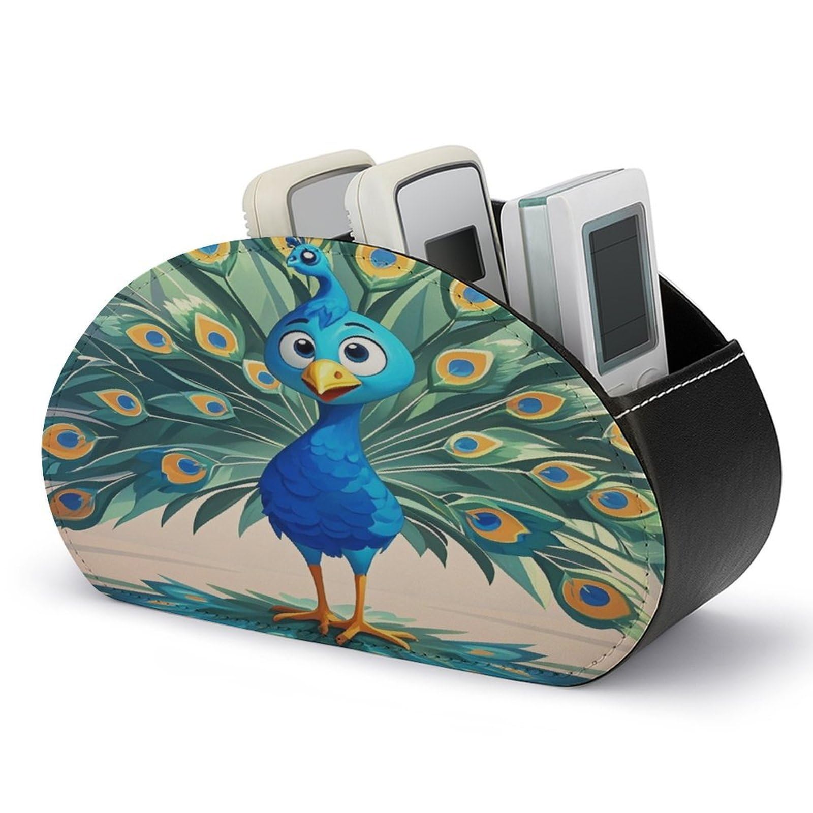FekiLoot Cartoon Blue Peacock Remote Control Holder with 5 Compartments Multi-functional TV Remote Caddy Organizer Leather TV Remote Holder Desktop Organizer Store for Bedside Table Office Desk
