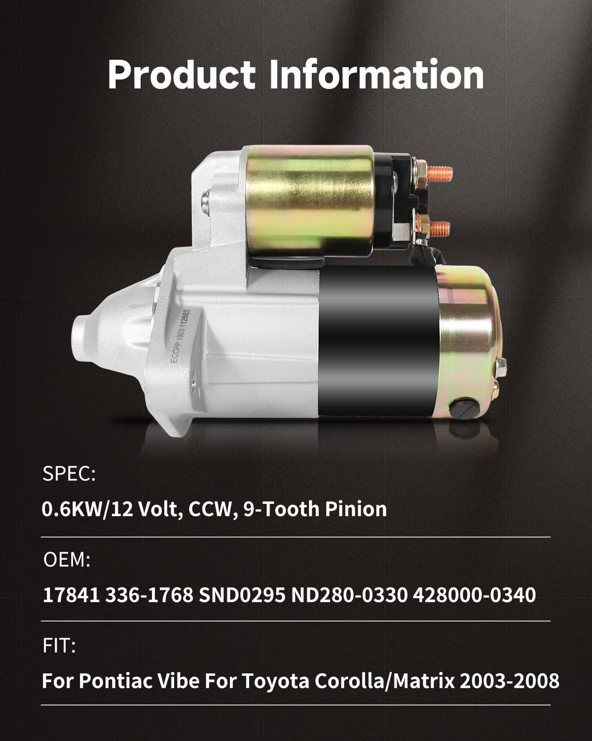 OCPTY Starter Starters Compatible 17841 SND0295 for Pontiac Vibe for Toyota Corolla/Matrix 2003 2004 2005 2006 2007 2008 1.8L