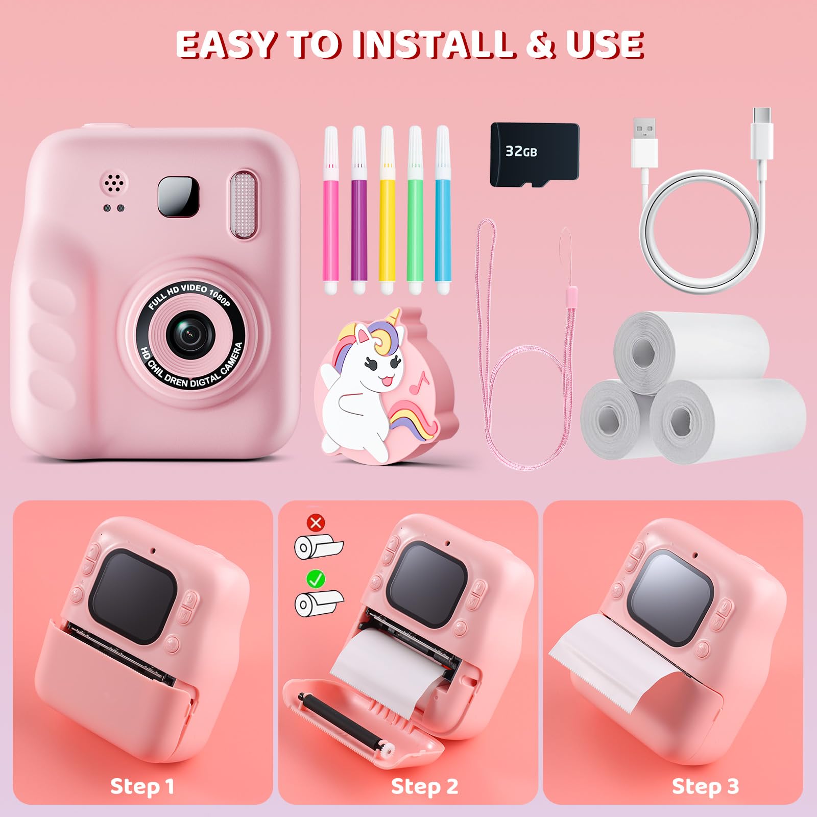 Macchina Fotografica Bambini Istantanea, 1080P Fotocamera Digitale Bambini con 32GB & Papier Photo, Regalo di Natale per Bambino e Bambina dai 3-12 Anni