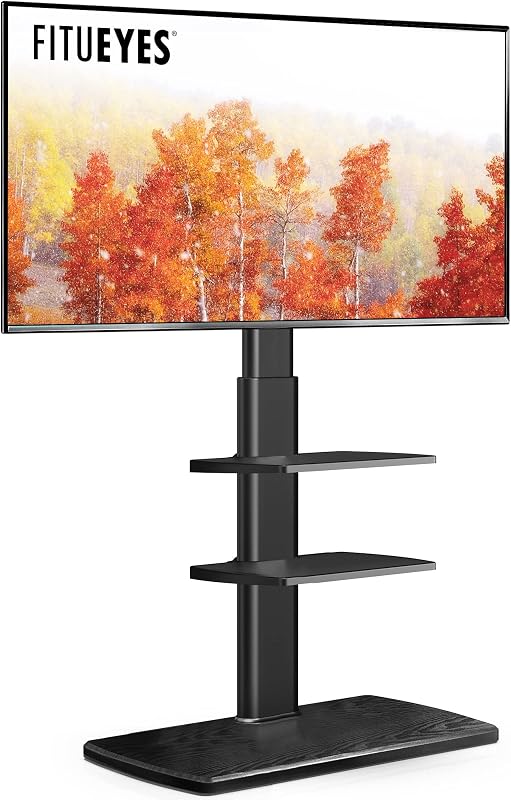 FITUEYES Soporte de Piso para TV para Televisores de 32 a 75 Pulgadas con Altura Regulable, Negro | Soportes de TV modernos con estante con base de madera resistente, soportes de TV altos giratorios, soporte de TV de piso de esquina para sala de estar dormitorio