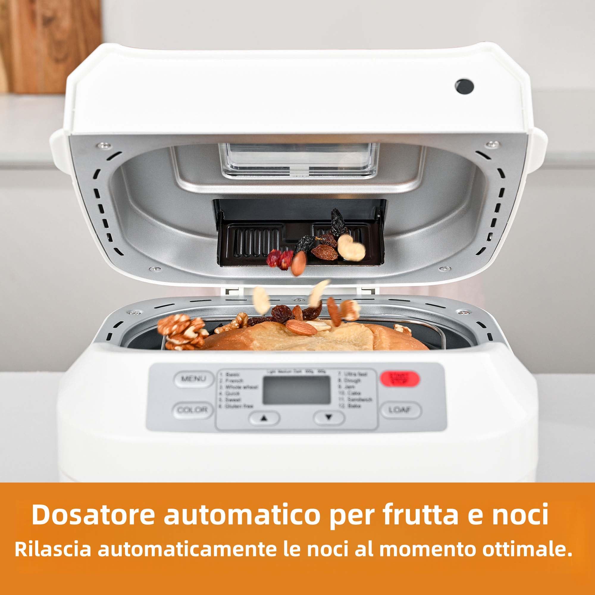 Macchina per il Pane, Kitchen in the Box Macchina del Pane con 12 Programmi, 900g, Senza Glutine, Dispenser Frutta Secca, Teglia Antiaderente, 3 Livelli di Cottura, Timer 13H e 1H Caldo (Bianco)