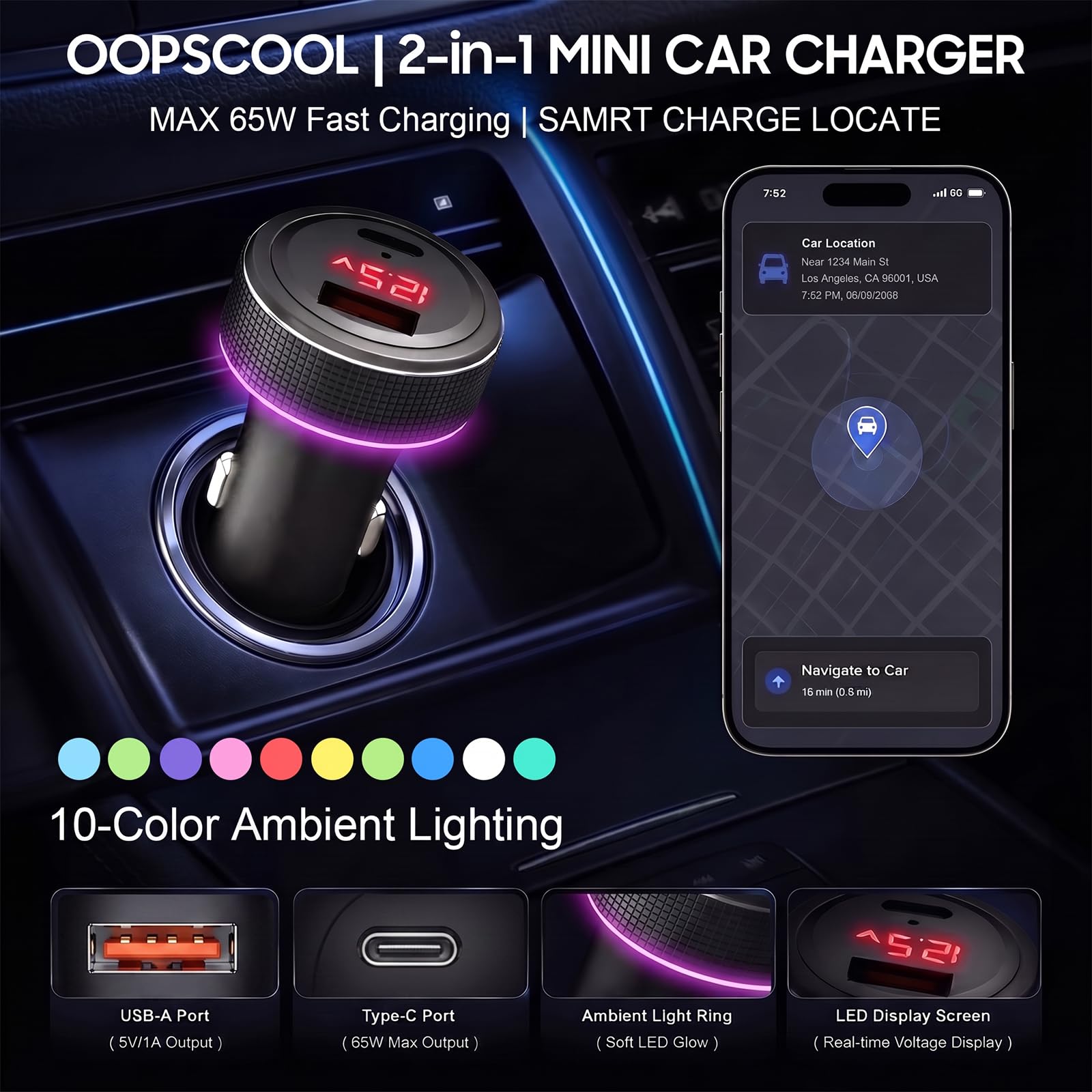 Mini chargeur de voiture 65 W USB C PD QC 3.0 charge rapide orange port USB 10 couleurs LED pour iPhone Samsung Jeep Wrangler 4Runner Ford Subaru Nissan Lexus Volvo Truck