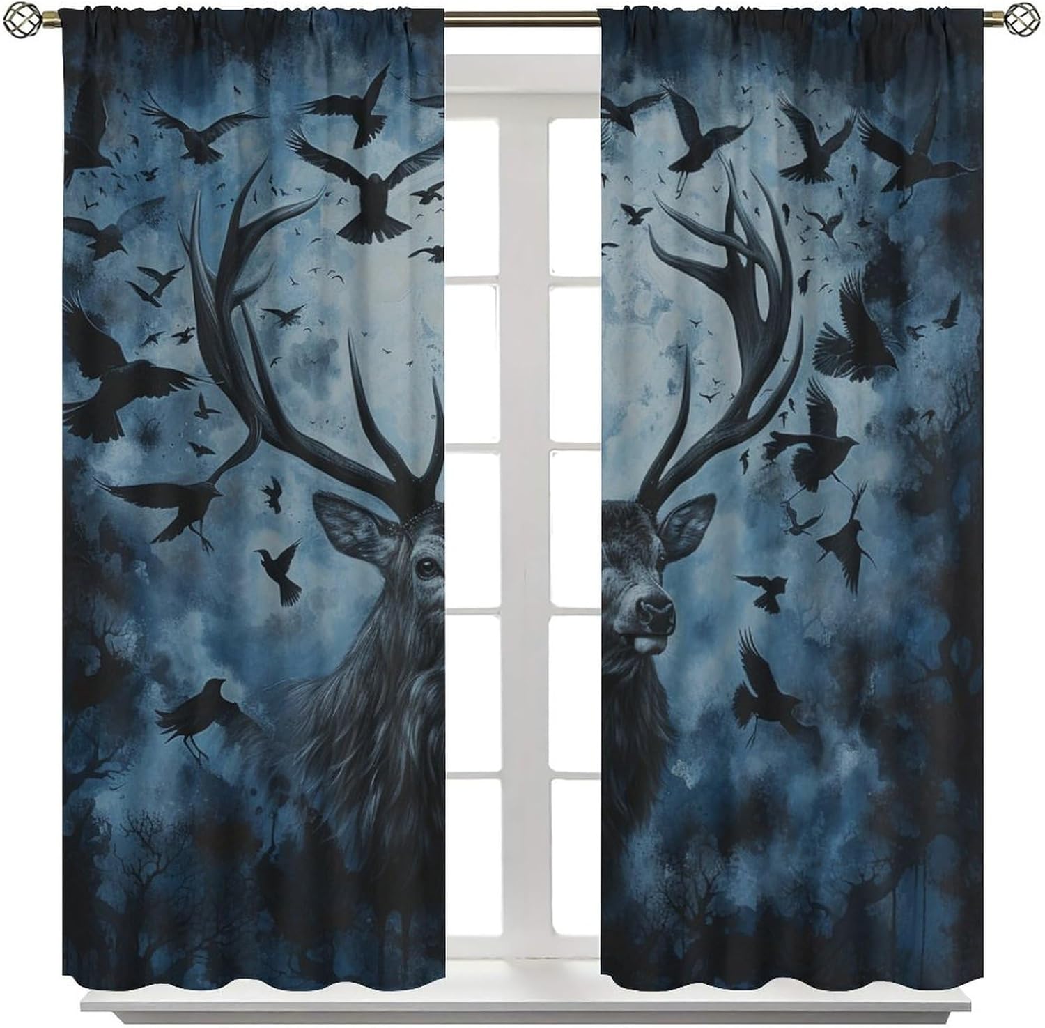 Brebasf Watercolor Forest Raven Deer Curtains Abstract Gothic Misty Jungle Animal Elk Window Drapes Blackout Curtains Rods Pocket Curtains 2 Panels 63" L x 21" W