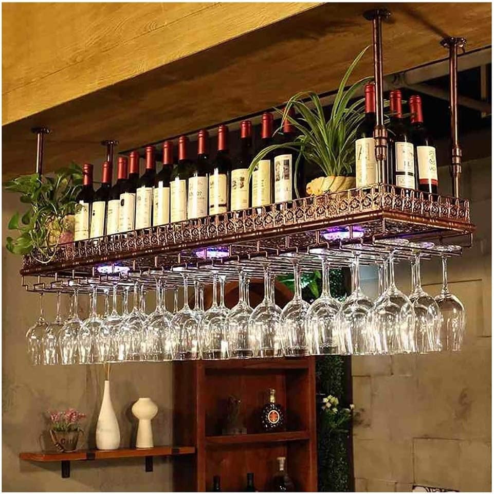 Bronze Upside Down Wine Rack - Stylish Iron Hanging Glass Holder for Bars, Restaurants, and Kitchens - Ceiling Decor - 60x35cm