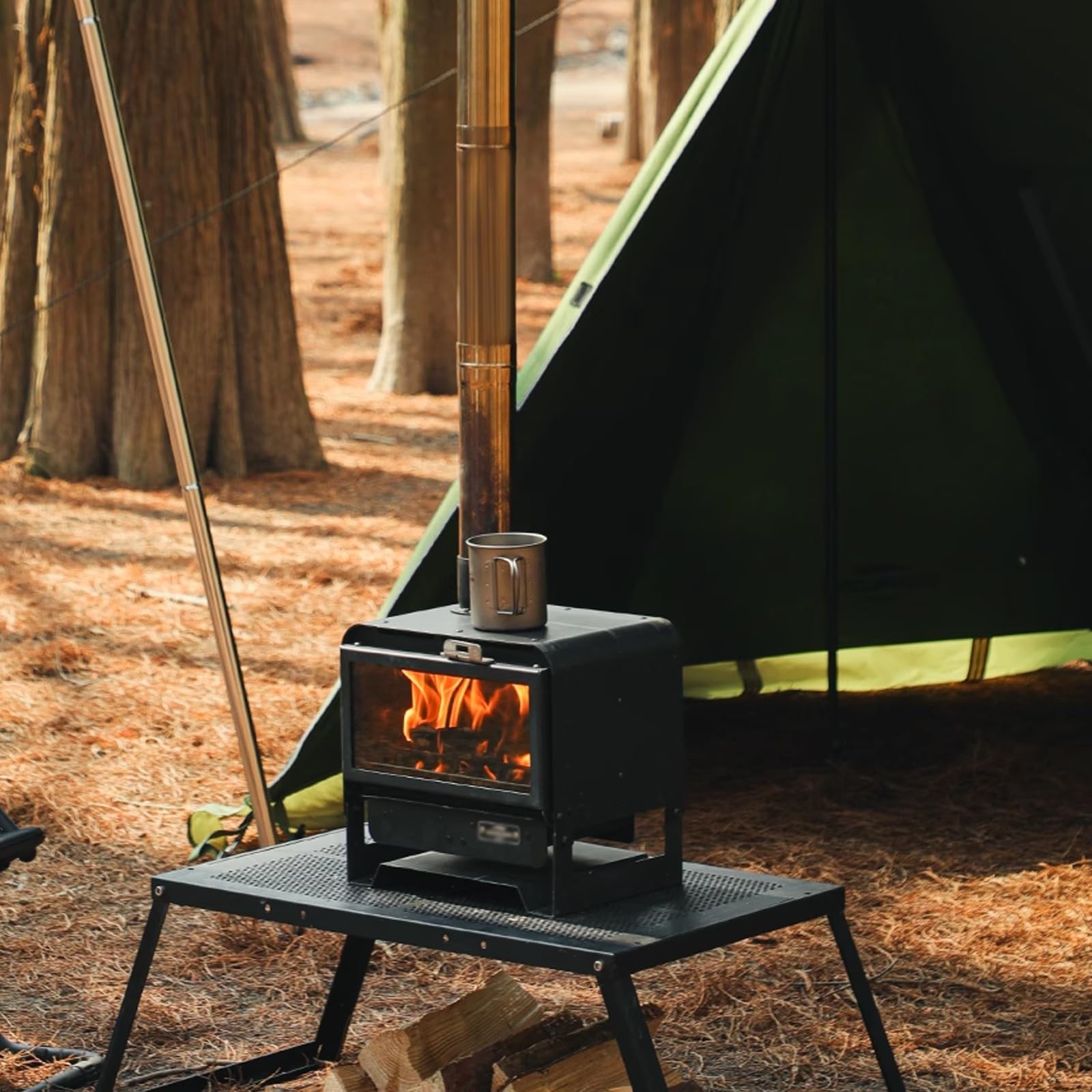 Stufa a Legna da Campeggio Materiale in Acciaio Al Carbonio Vetro Microcristallino Mini Stufa a Legna Portatile Bordi Arrotondati Adatto per Campeggio e Tende
