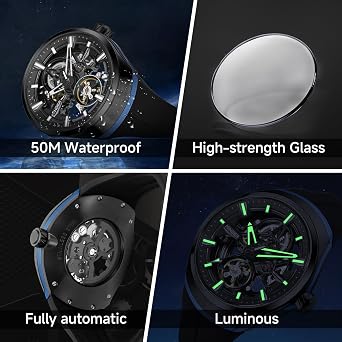 Watch for Men, Automatic Skeleton Mens Mechanical Wrist Watch - Luxury 316 Stainless Steel & FKM Fluororubber Strap, Trendy Design with Waterproof Feature & Luminous Display