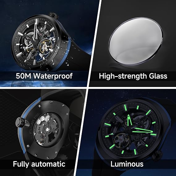 Watch for Men, Automatic Skeleton Mens Mechanical Wrist Watch - Luxury 316 Stainless Steel & FKM Fluororubber Strap, Trendy Design with Waterproof Feature & Luminous Display