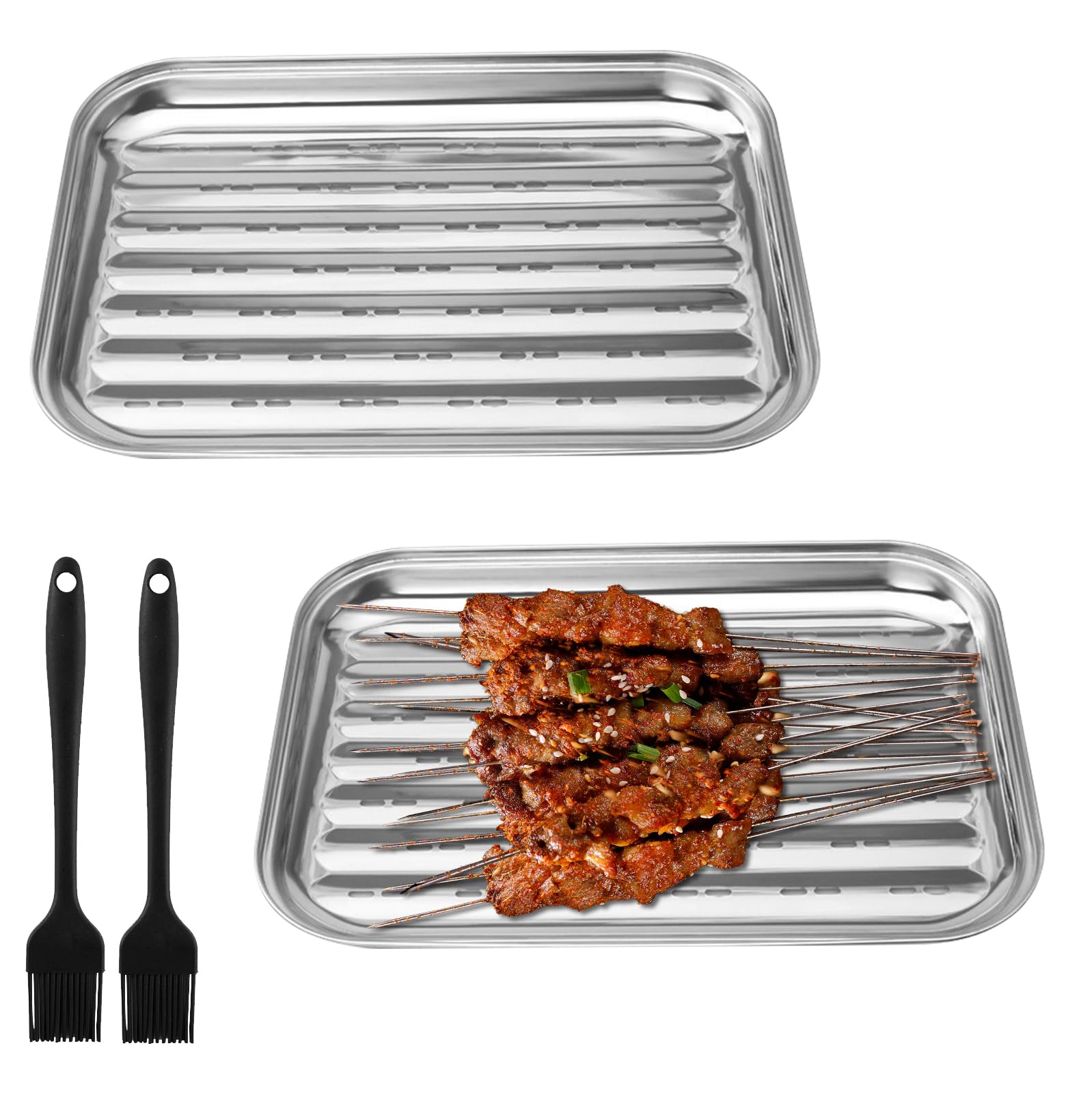 Juego de 2 bandejas para barbacoa con 2 cepillos de silicona, cesta de acero inoxidable para exteriores, bandeja reutilizable para barbacoa, accesorios para verduras, carne, carne, queso y br