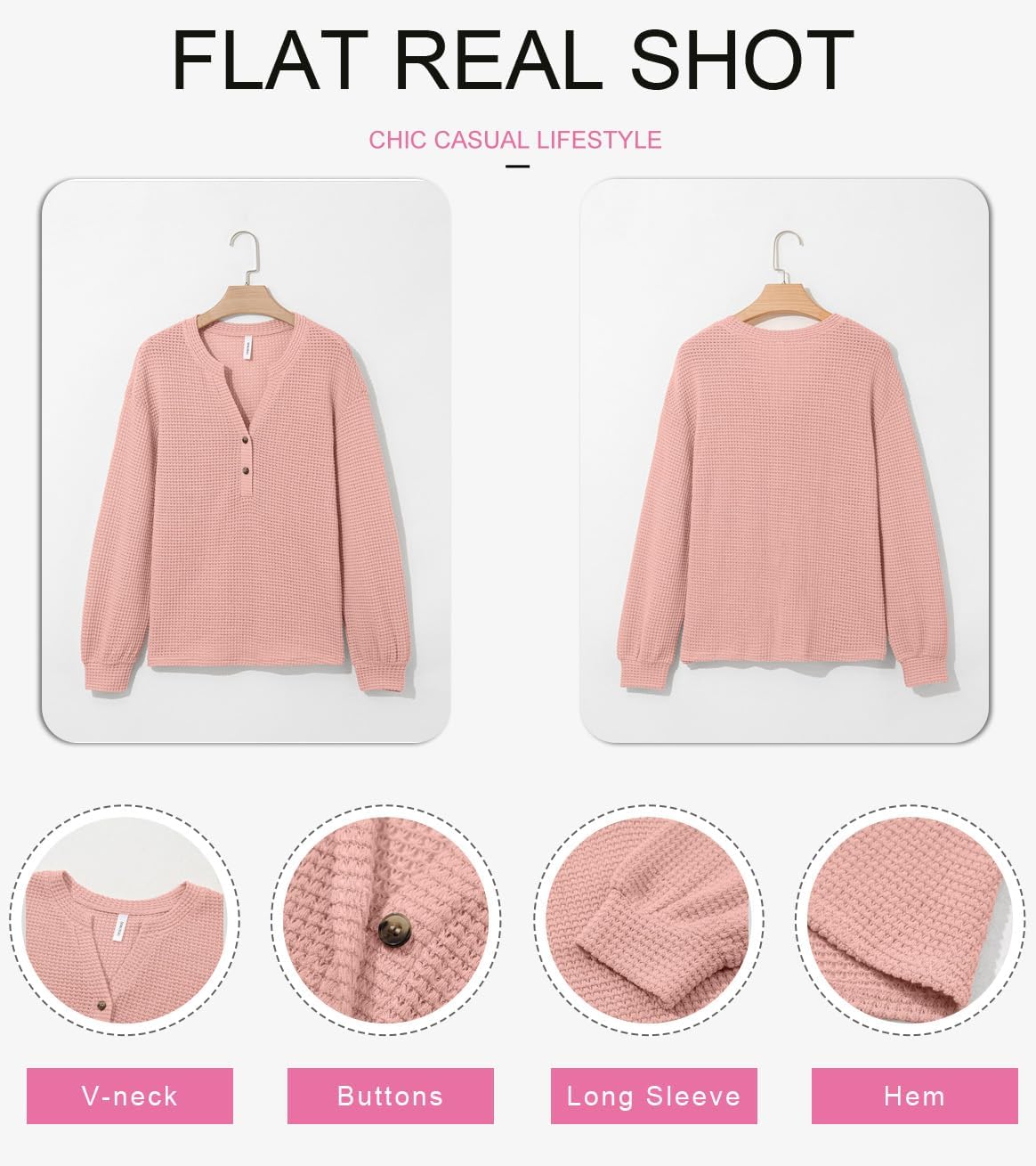 Dokotoo Womens Waffle Knit Tops 2026 Dressy Casual Button Shirts Long Sleeve V Neck Blouses Basic Tee - Image 4