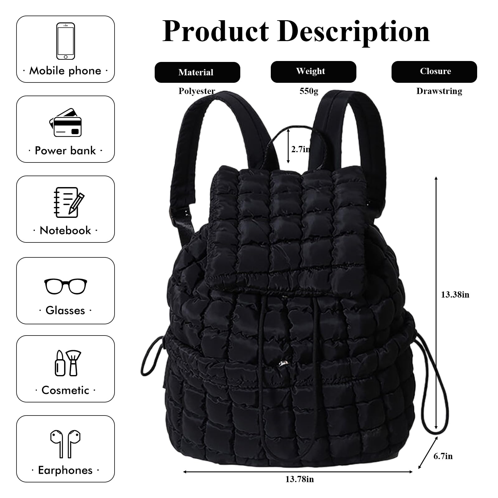 OWGSEE Quilted Backpack For Women Lightweight Trendy Puffer Cotton Top Flap Drawstring Backpack Travel Cloud Gym Bag (Black)
