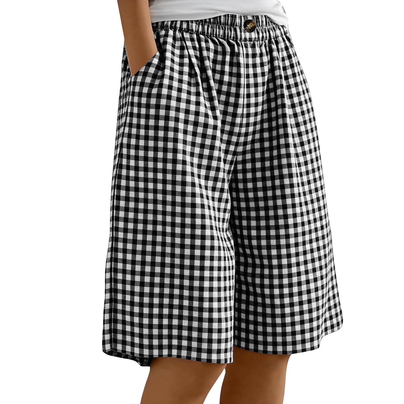 Short Long Vichy pour Femme avec Cordon De Serrage Taille élastique Short Large avec Poches Uni Coupe Ample Longueur Genou Bermuda D'été Décontracté pour Femme Coton