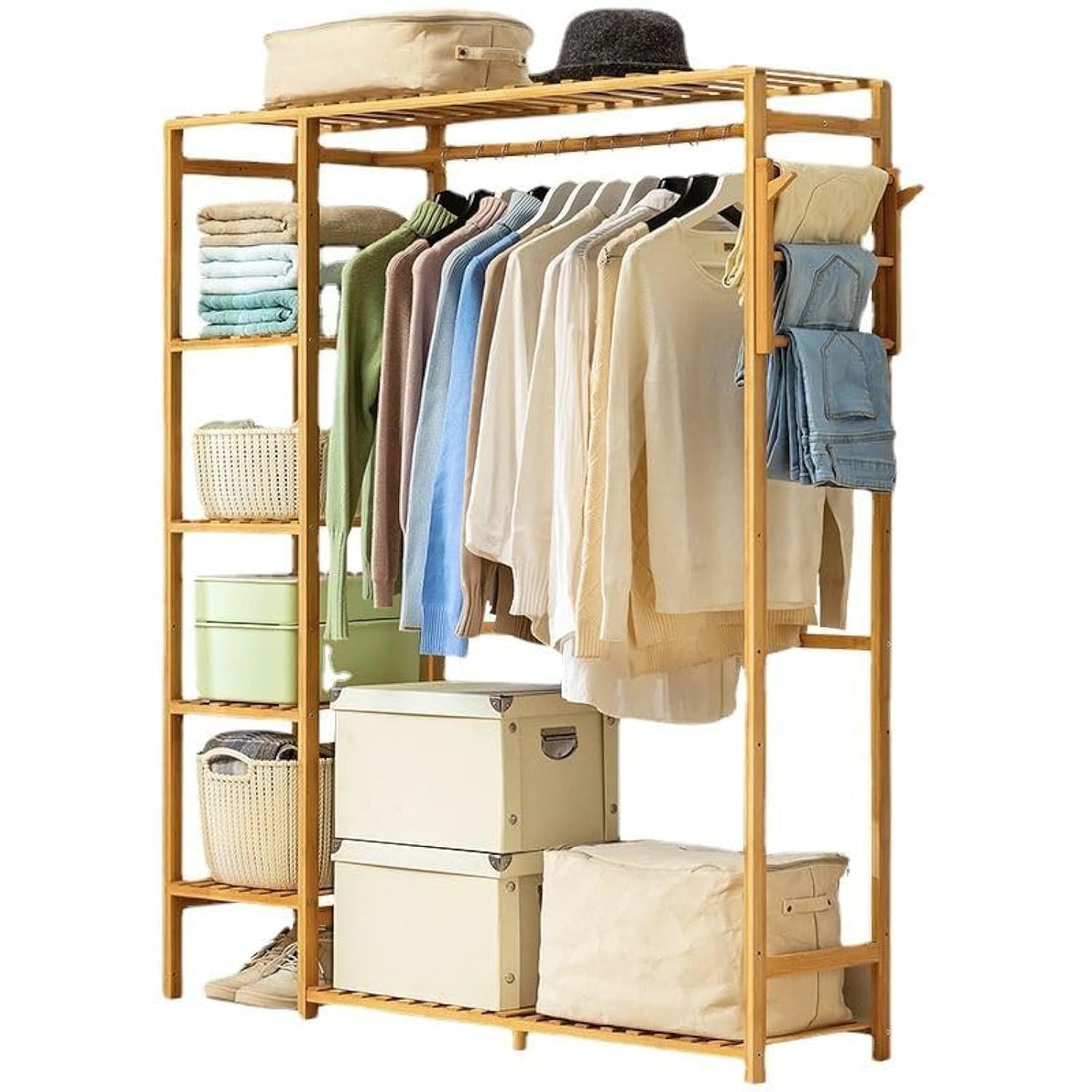 Bamboo Open Wardrobe Coat Rack Wooden Clothes Rail Hanger, Freestanding 6 Tier Wardrobe Organizer for Clothes Shoes Storage