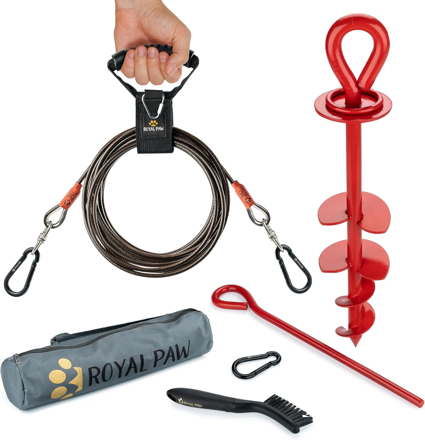 ROYAL PAW 30ft Dog Tie Out Cable and Stake - Dog Stake & Dog Tie Out Heavy Duty for Large Dogs up to 300 lbs (30-ft Onyx Black Dog Lead and Crimson Red Dog Anchor)