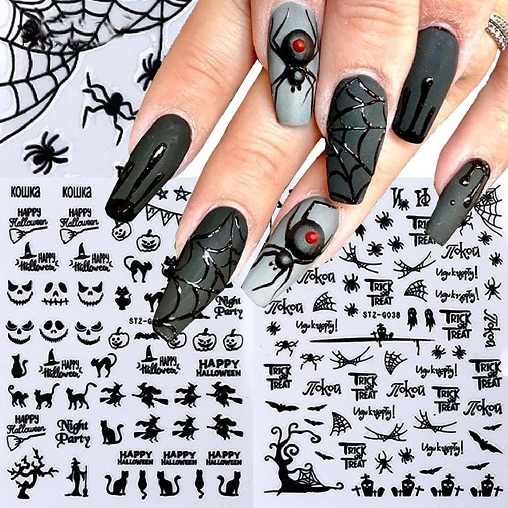 Halloween Nail Stickers, 3D Self-Adhesive Black Gold Horror Nail Art Decals Pumpkin Spider Bat Ghost Witch Skull Metallic Halloween Nail Design DIY Nail Decoration for Halloween Festival Party (12Sheets) : Everything Else