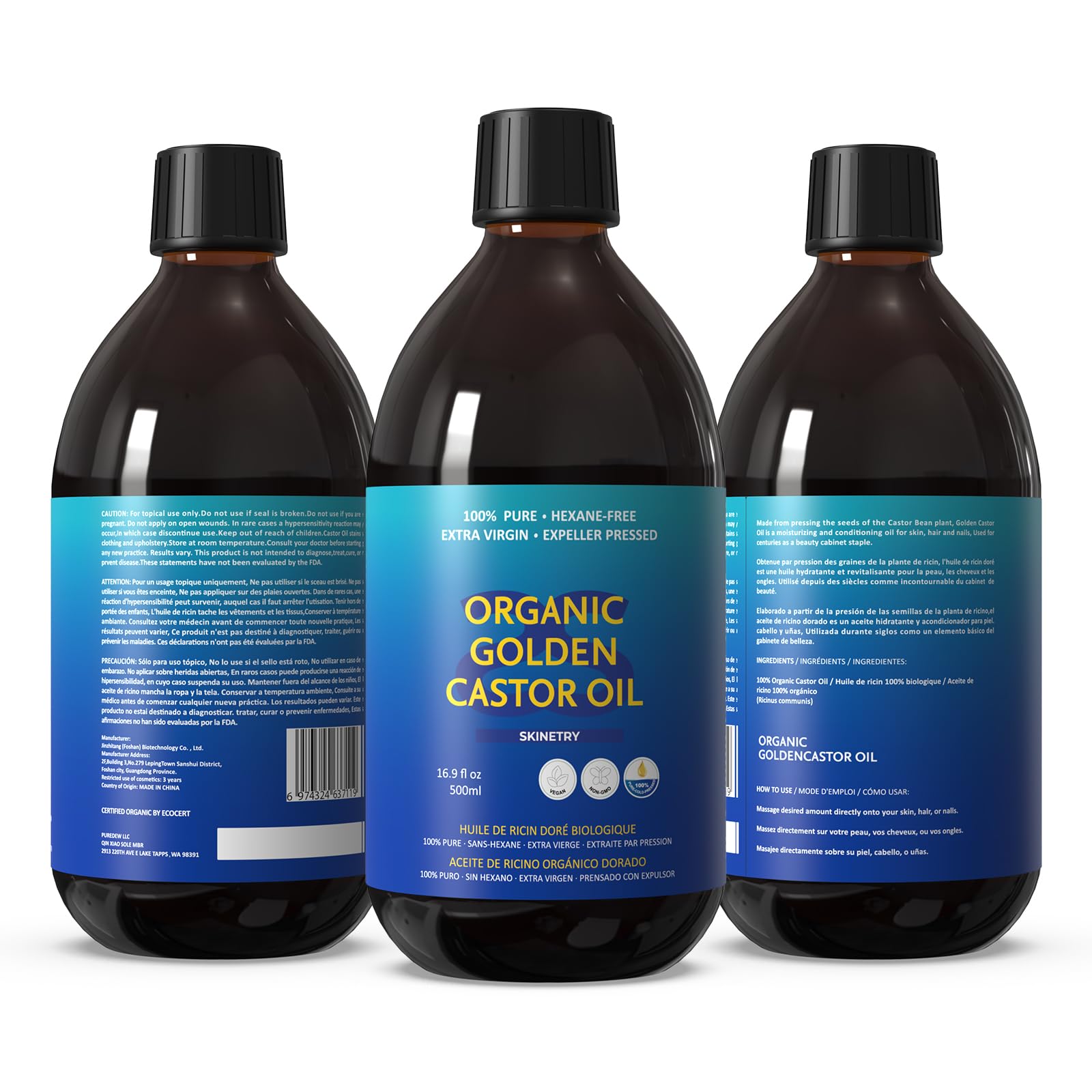 Goldenes Bio-Rizinusöl, 100 % rein für Haar, Haut, Nägel, Augenbrauen und Wimpern, tiefe Hydratation und Glättung, fördert Haar- und Augenbrauenwachstum, Make-up-Reinigung, hexanfrei