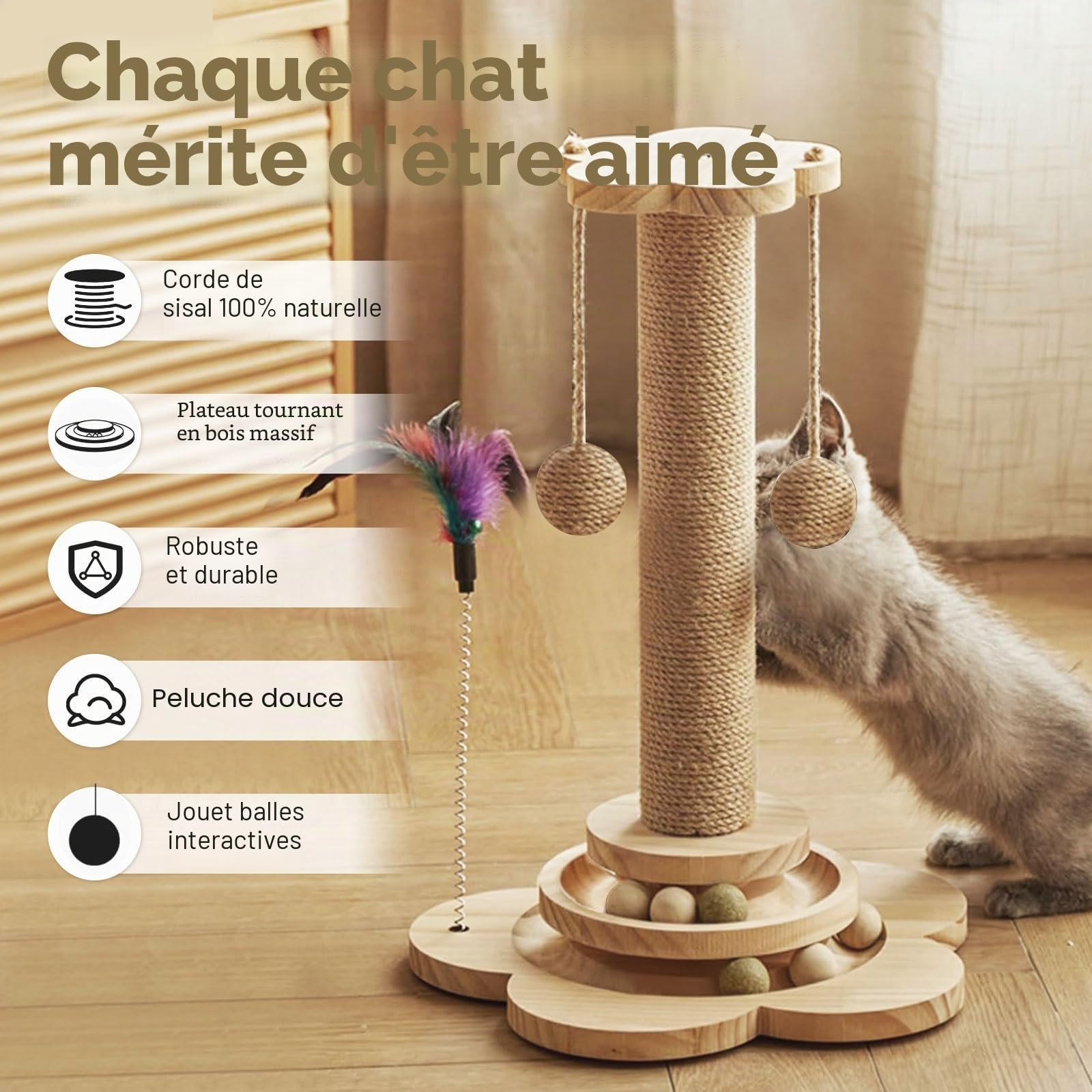 Arbre à chat en sisal naturel – Grattoir robuste pour petits chats d'intérieur – Jouet pour chaton avec griffoirs, plateforme de jeu et jouets – Assemblage facile – Design peu encombrant (45 cm de