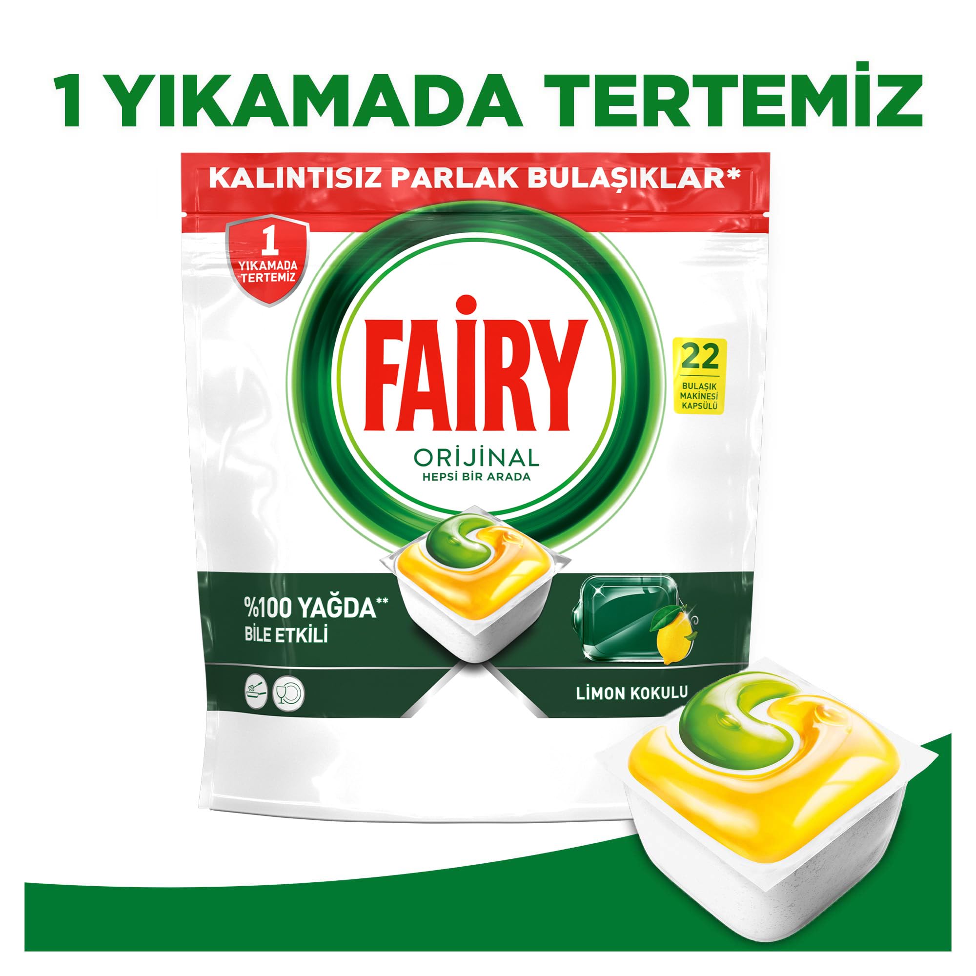 Fairy Hepsi Bir Arada Bulaşık Makinesi Deterjanı Kapsülü/Tableti 22 Yıkama Limon Kokulu