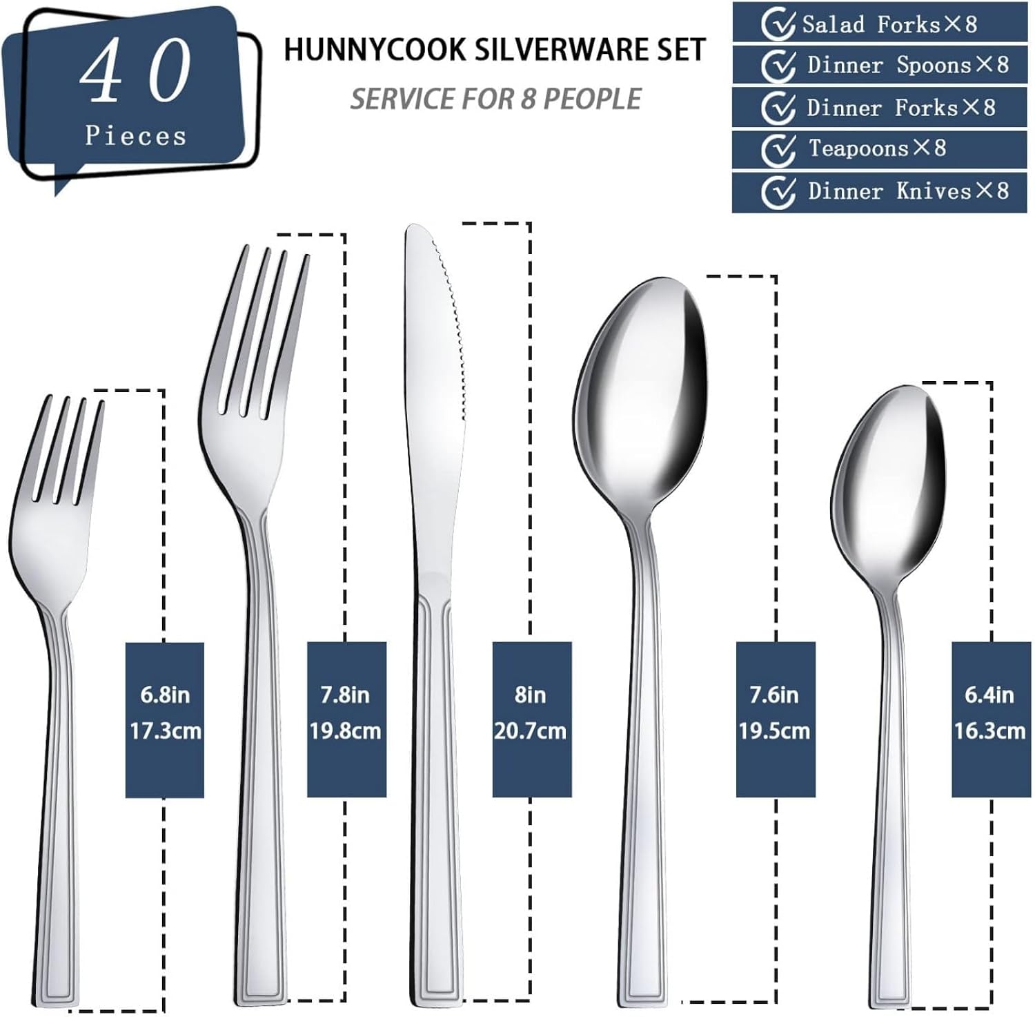 Hunnycook 40-Piece Silverware Set - Stainless Steel Silverware Set for 8, Flatware Set, Include Spoons and Forks Set, Mirror Polished, Dishwasher Safe, Cutlery Set for Home Kitchen Restaurant Hotel