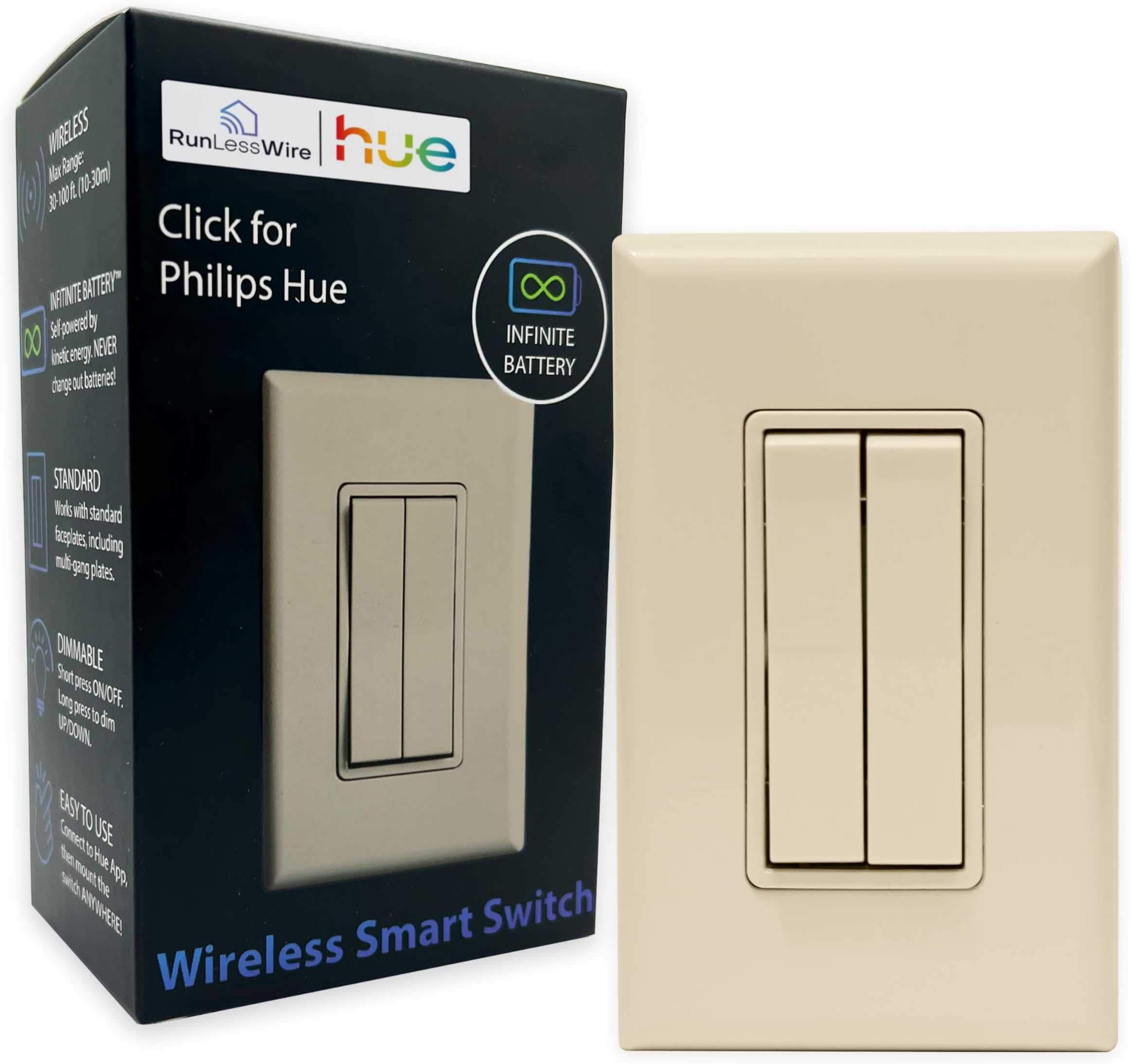 RunLessWire Click for Philips Hue – Battery-Free Wireless Smart Light Switch, 30ft Range – Works Natively with Philips Hue Bridge – Wall Mount Kinetic Switch - Decora Style, Light Almond
