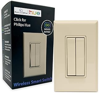 RunLessWire Click for Philips Hue – Battery-Free Wireless Smart Light Switch, 30ft Range – Works Natively with Philips Hue Bridge – Wall Mount Kinetic Switch - Decora Style, Light Almond