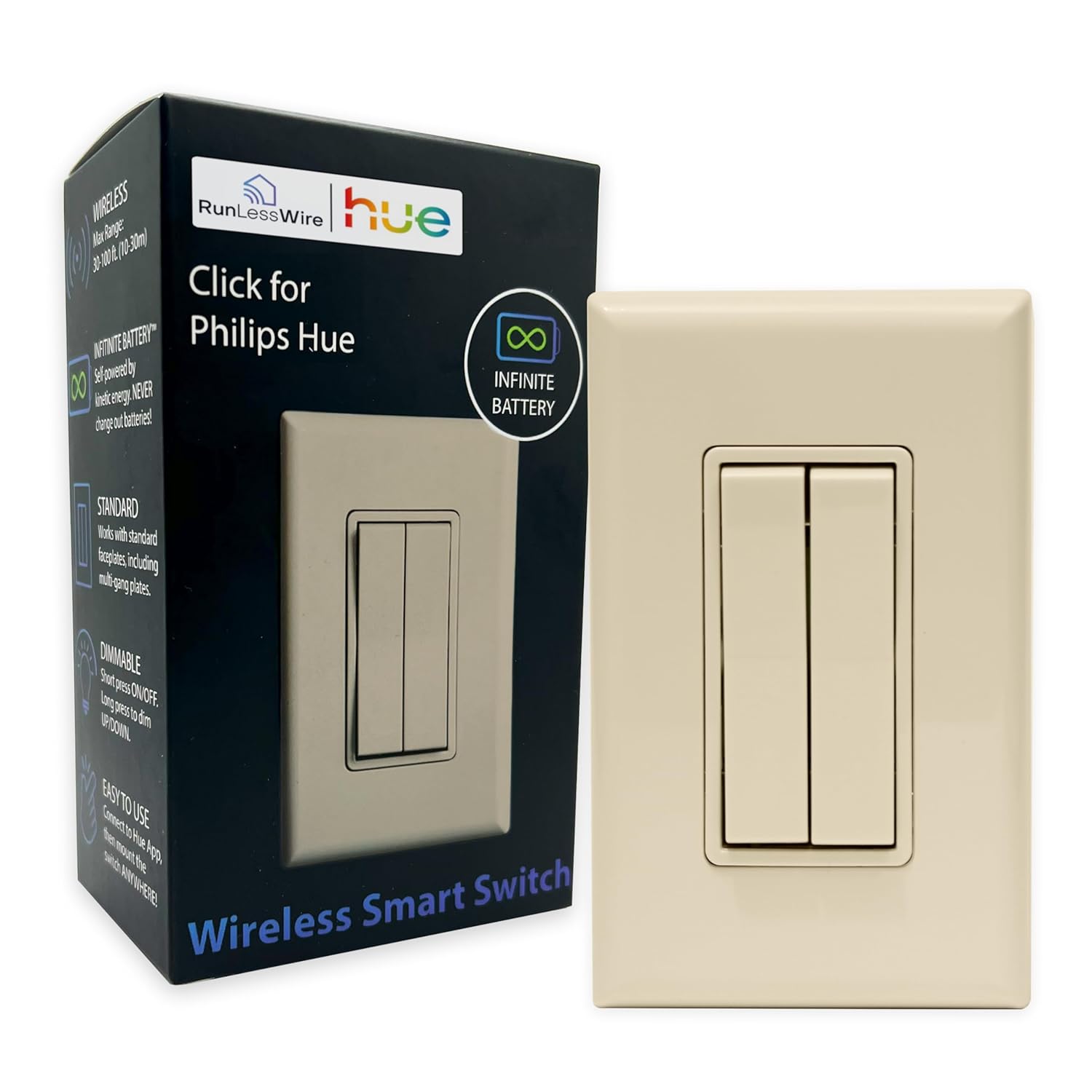 RunLessWire Click for Philips Hue – Battery-Free Wireless Smart Light Switch, 30ft Range – Works Natively with Philips Hue Bridge – Wall Mount Kinetic Switch – Decora Style, Light Almond