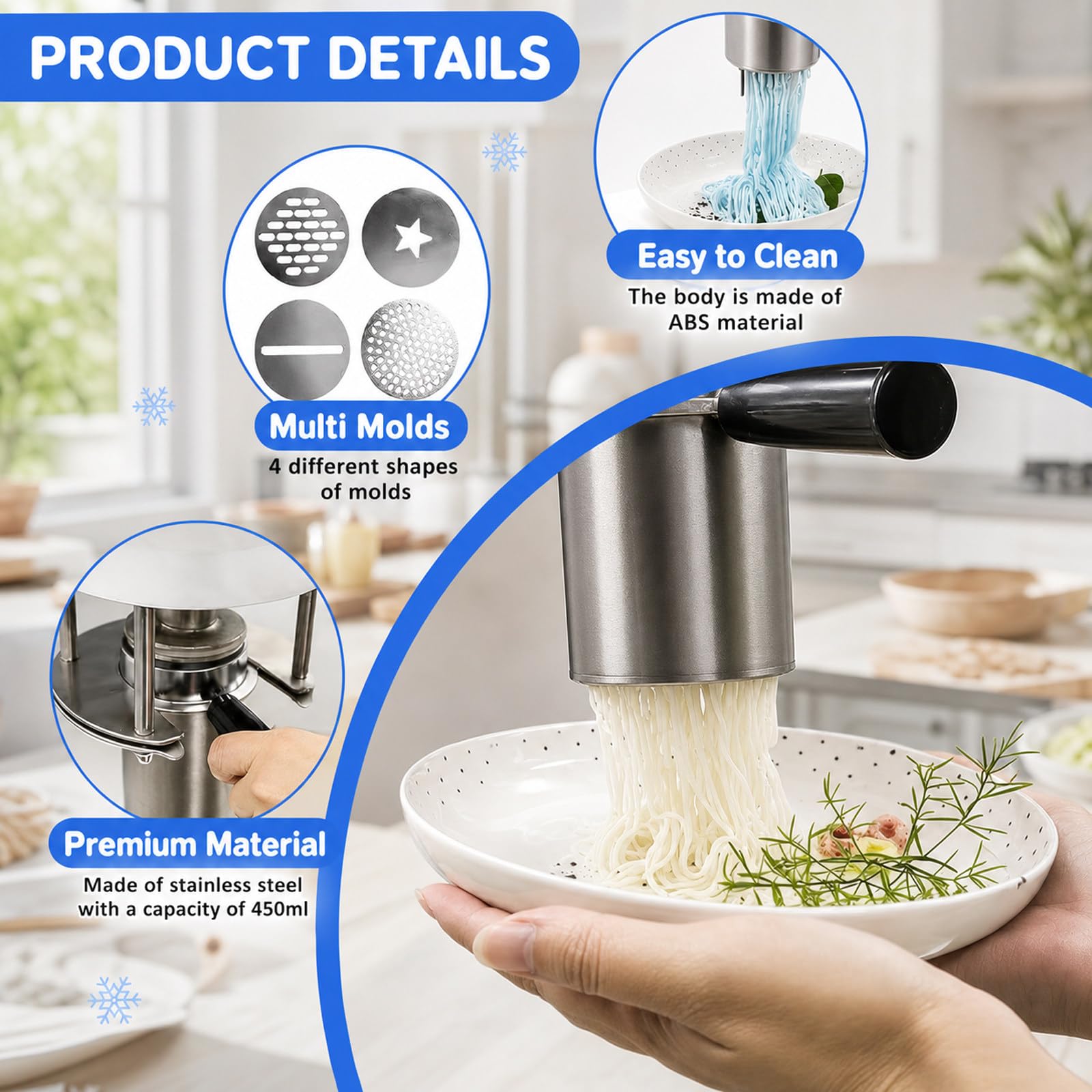 Macchina per Gelato Professionale, MáQuina para Hacer Helado Tipo Espagueti, Fácil manejo con una Sola Mano, Estructura Ligera, para Hacer Helado de Pasta, para Food Trucks White