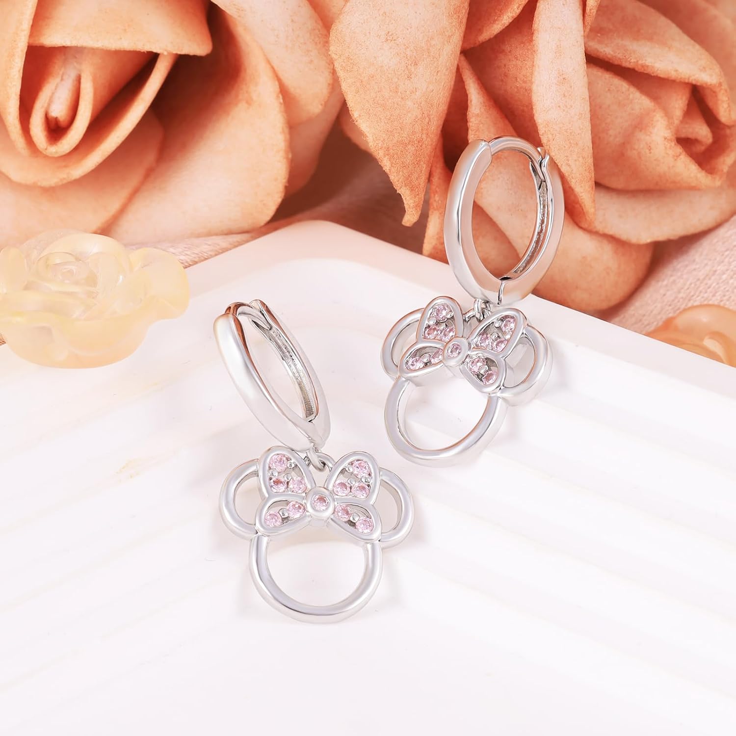 Sterling Silver Mouse Earrings,Sparkle White Pink Cubic Zirconia Cute Bow Mouse Earrings Lovely Gifts for Women Teens Daughter Granddaughter - Image 4