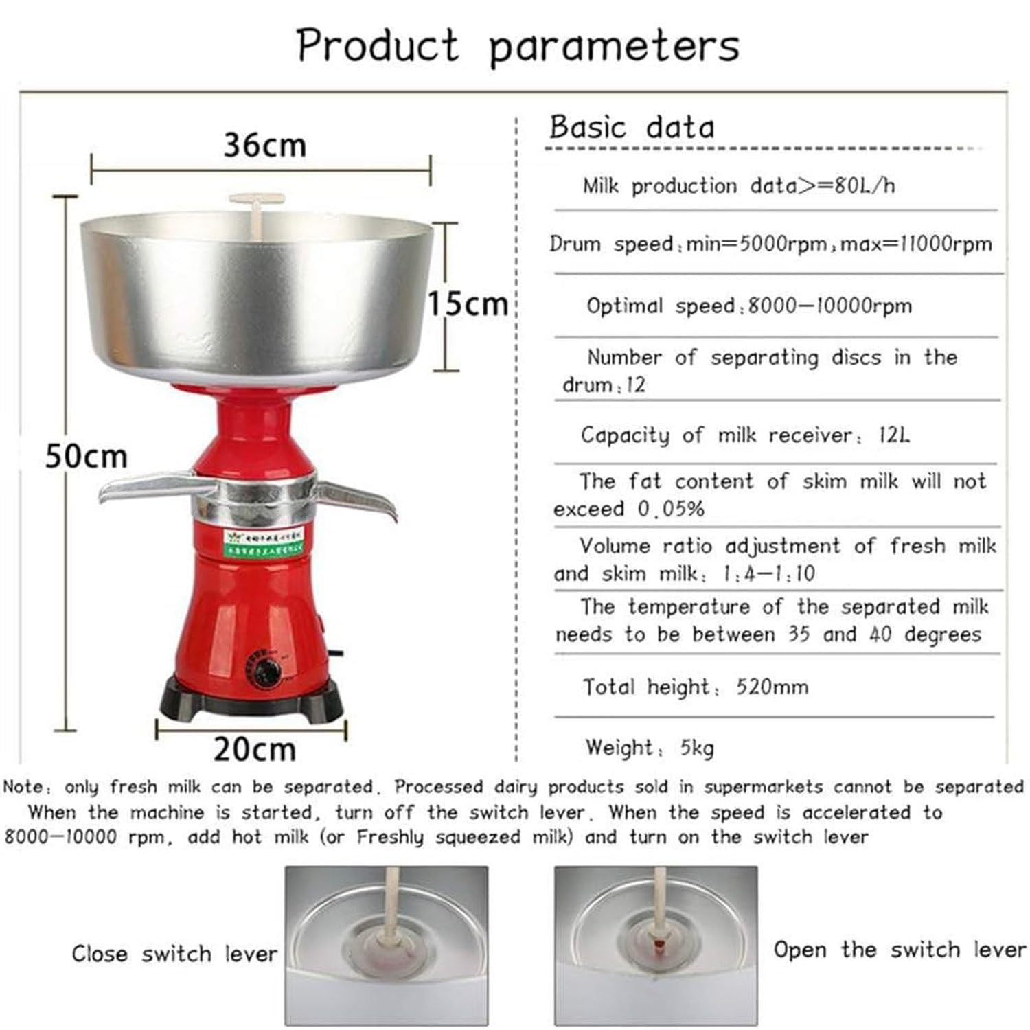 Separatore di latte elettrico, centrifuga per latte fresco, capacità 80 l/h con ciotola da 12 l, separatore di crema efficiente per la lavorazione dei prodotti lattiero-caseari