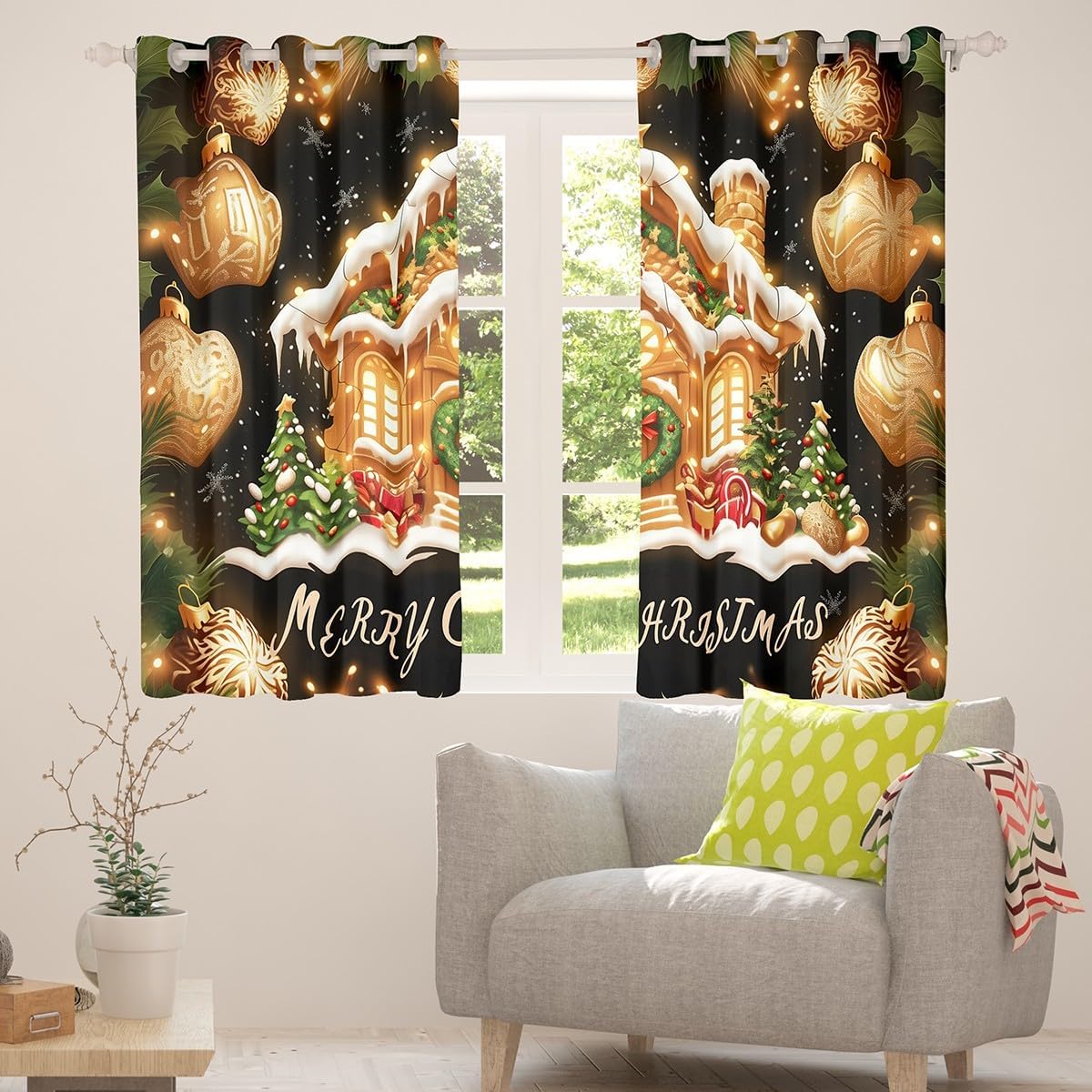 Merry Christmas Window Curtain,Gingerbread House Curtains for Kids Girls Boys Teens Room Decor,Christmas Tree Bells Window Treatment Curtain Bright Christmas Lights Window Drapes,2 Panels,52Wx63L