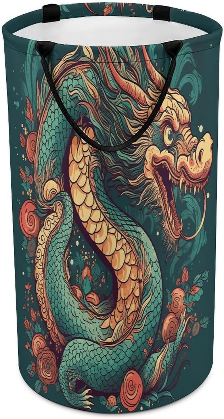 Oriental Dragon Pattern Laundry Hamper Large Collapsible Laundry Basket with Handles Waterproof Clothes Hamper Portable Dirty Clothes Basket for Bedroom Laundry Room Closet Bathroom