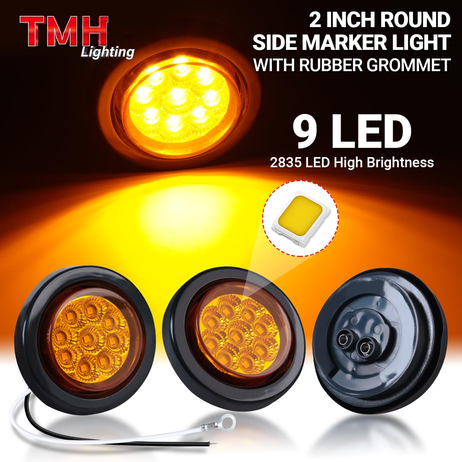 TMH Pack of 10 2" Round Amber Led Marker Lights with Reflectors Clearance Pigtail Lights/w Rubber Sealed Waterproof Side Marker Light for Truck Trailer 12V DC