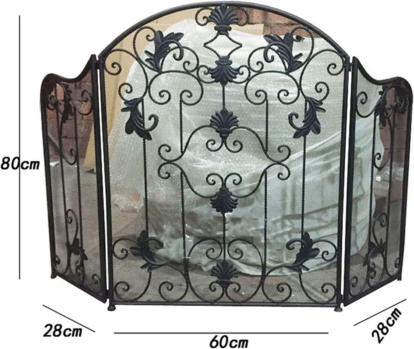 Fireplace Safety Screen 3 Panel Wrought Iron Fireplace Security Fence Screen with Folding Side Doors and Double Rod Guard Fireplace Screen