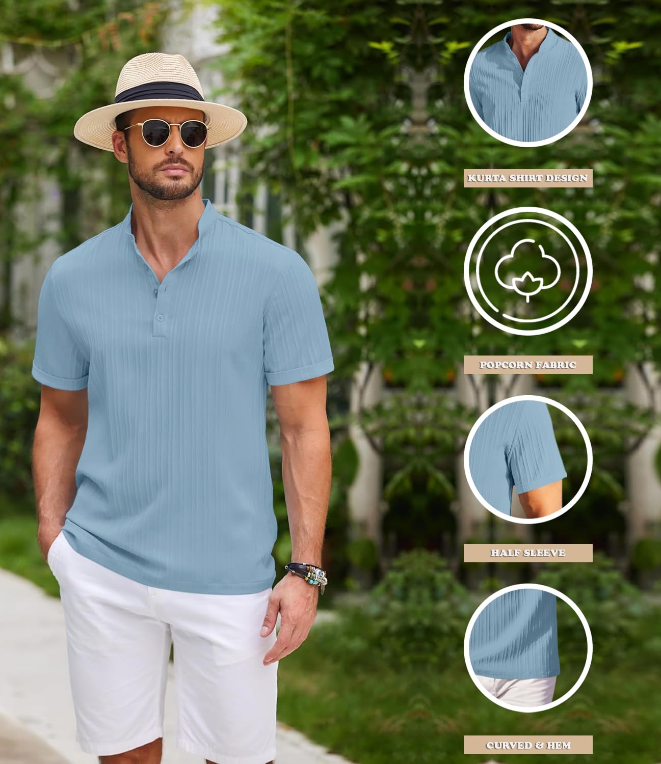 Zombom Kurta Uomo Casual Collo Alla Mandarino Tessuto Misto Cotone Misto Lino Mezza Manica Leggero Traspirante Estate Beachwear Quotidiano Uff