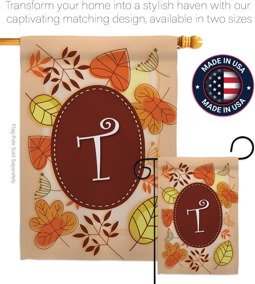 Autumn T Initial Garden Flag - Set Wall Hanger Monogram Fall Harvest & Scarecrow Pumkins Sunflower Leaves Season Autumntime Gathering - House Banner Small Yard Gift Double-Sided 13 X 18.5